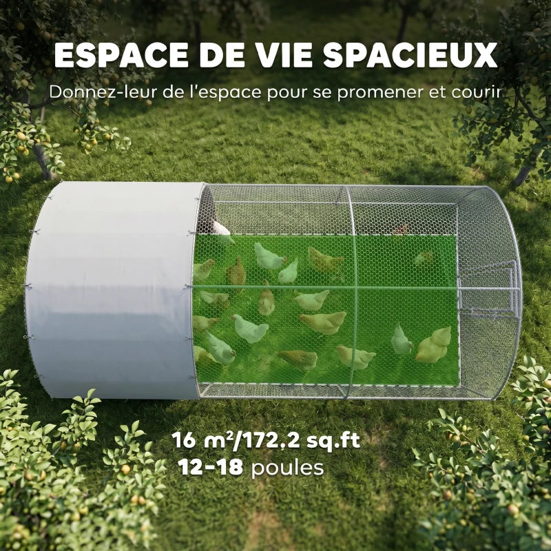 PawHut Grand enclos poulailler 15,96 ㎡ parc grillagé toit anti-UV porte verouillable 2,8 x 5,7 x 1,97 m argenté