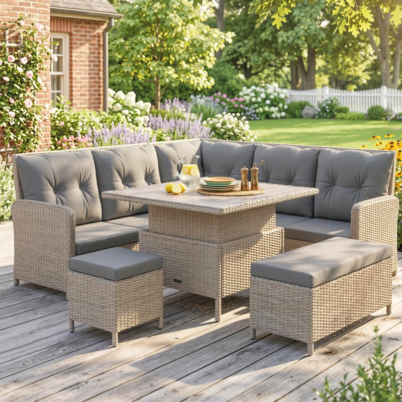 Outsunny 7 Seater Rattan Garden Furniture Set, 6 Piece Patio Dining Set with Liftable Coffee Table and Soft Padded Cushion, Wicker Sectional Conversation Corner Sofa, 123 x 55 x 84 cm, Light Grey