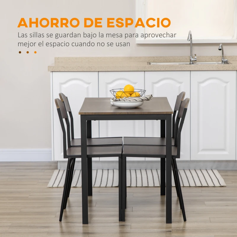 HOMCOM Conjunto de Mesa y 4 Sillas de Comedor para 4 Personas, Estilo Moderno con Estructura Metálica, Marrón Oscuro y Negro