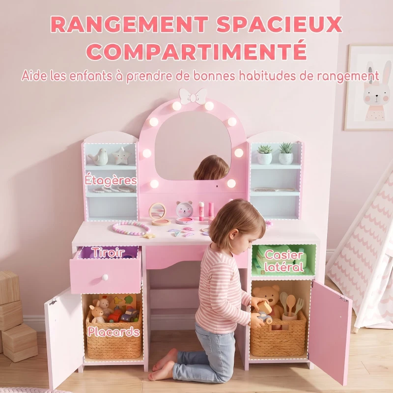 AIYAPLAY Coiffeuse pour Enfants avec Tabouret et Miroir Lumineux à 2 Couleurs en Acrylique, pour 3-8 Ans, 90 x 41 x 104 cm, Rose