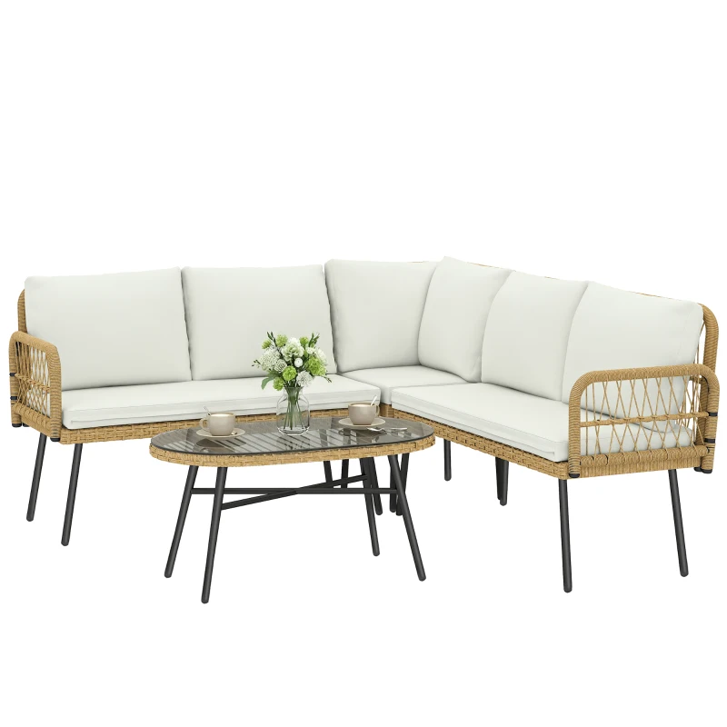 Outsunny Polyrattan Tuinmeubelset 4-delig, Loungeset met Hoekbank Tweezitsbank Glazen Tafel Afneembare Kussens voor 5 Personen
