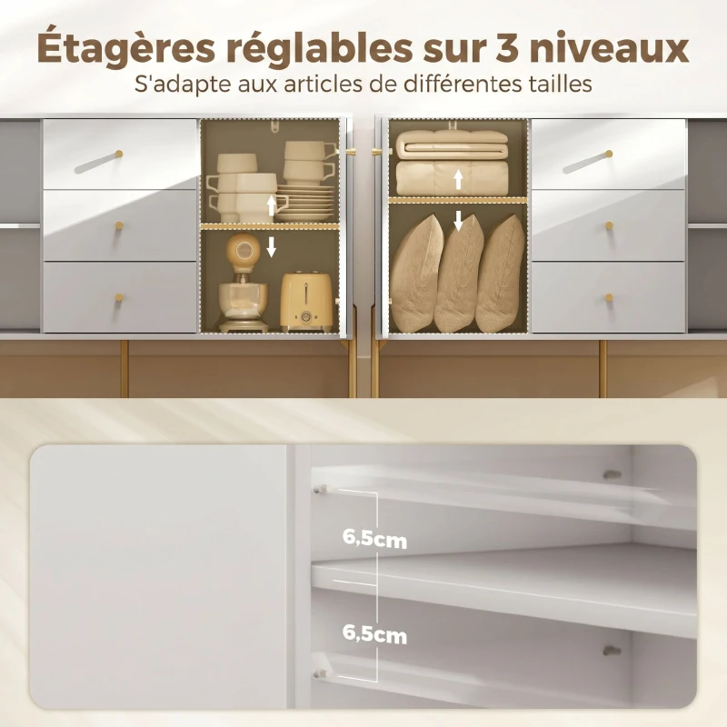 HOMCOM Buffet cuisine, meuble de rangement avec 2 portes, 3 tiroirs silencieux, 2 étagères réglables, 5 pieds en acier, blanc