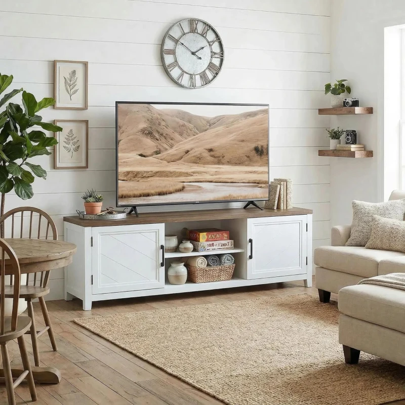 HOMCOM Meuble TV 140 cm, meuble télé pour téléviseur jusqu'à 65 pouces avec 2 portes, 2 compartiments ouverts, blanc et marron