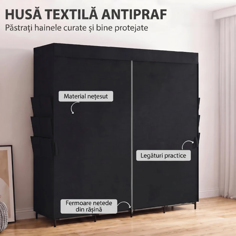 HOMCOM Dulap Textil Compact cu 5 Bare, 4 Rafturi, 6 Buzunare Laterale, Uși Antipraf cu Fermoar, Negru