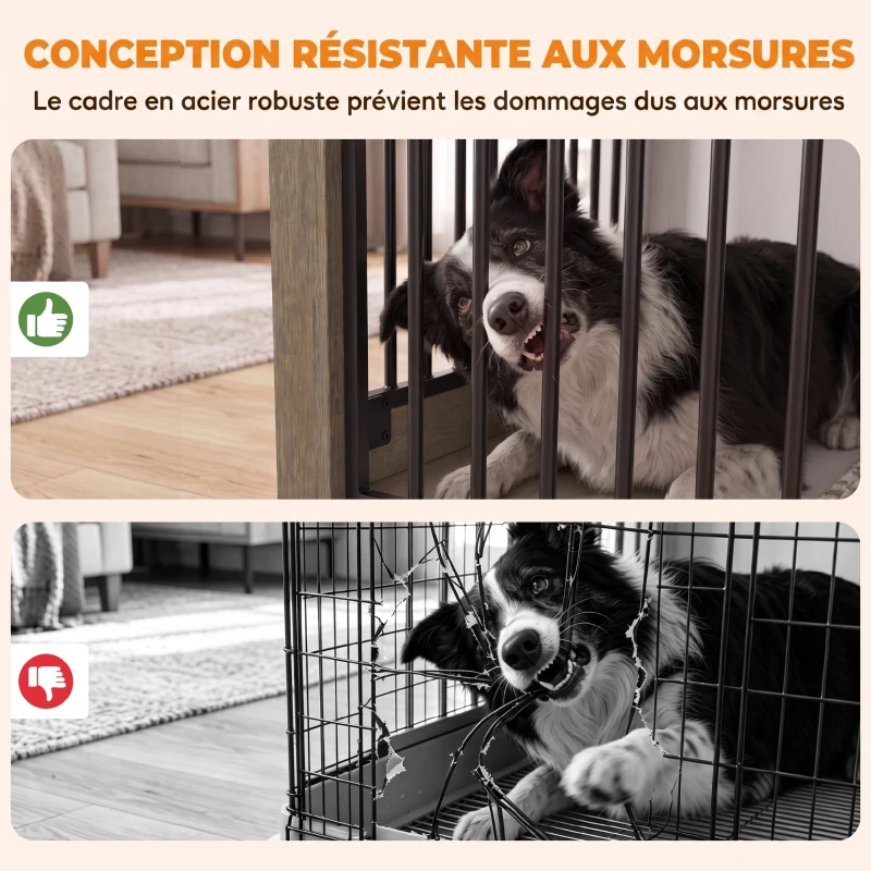 PawHut Cage pour Chien en Bois et Acier avec Porte Coulissante, Table d'Appoint, Niche Moderne, 100x60x68cm, Gris-Marron Clair
