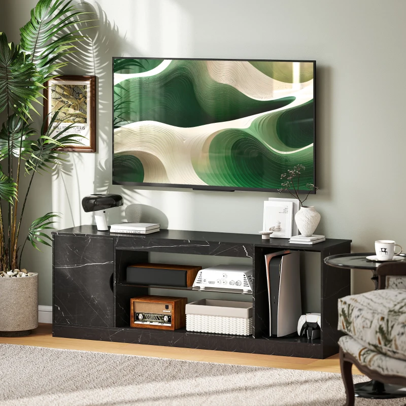 HOMCOM TV Stand Cabinet, Marble Effect TV Unit for up to 55" TVs with Glass Shelf and Storage Cabinet, Entertainment Unit for Living Room, Bedroom, Black