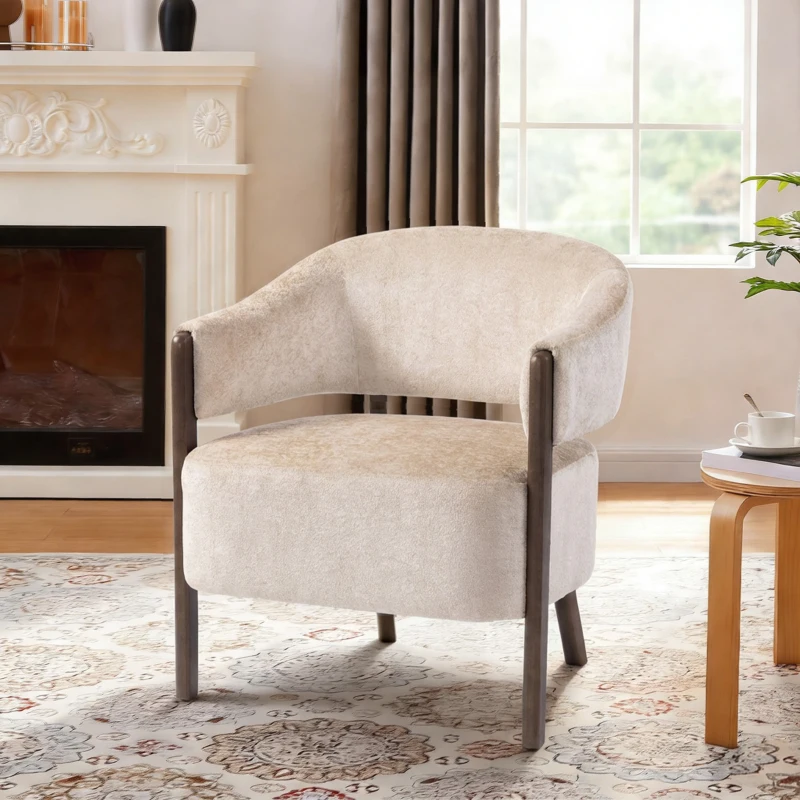 HOMCOM Poltrona da Camera Rivestita in Ciniglia con Struttura e Gambe in Legno Massello, Beige