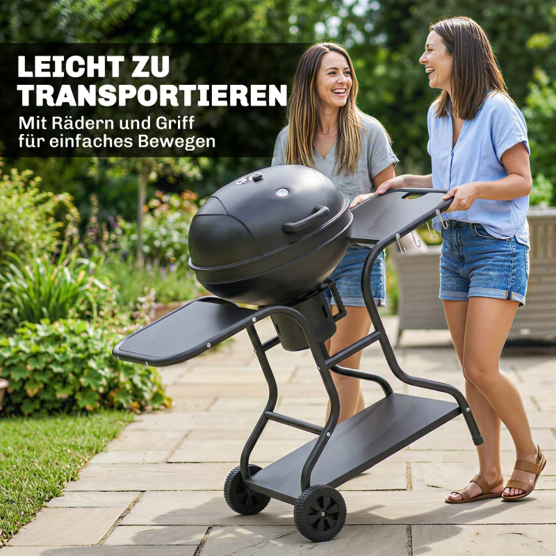 Outsunny Houtskoolbarbecue BBQ Smoker met zijtafels, dekselthermometer en wielen – 129 x 63,5 x 106,5 cm