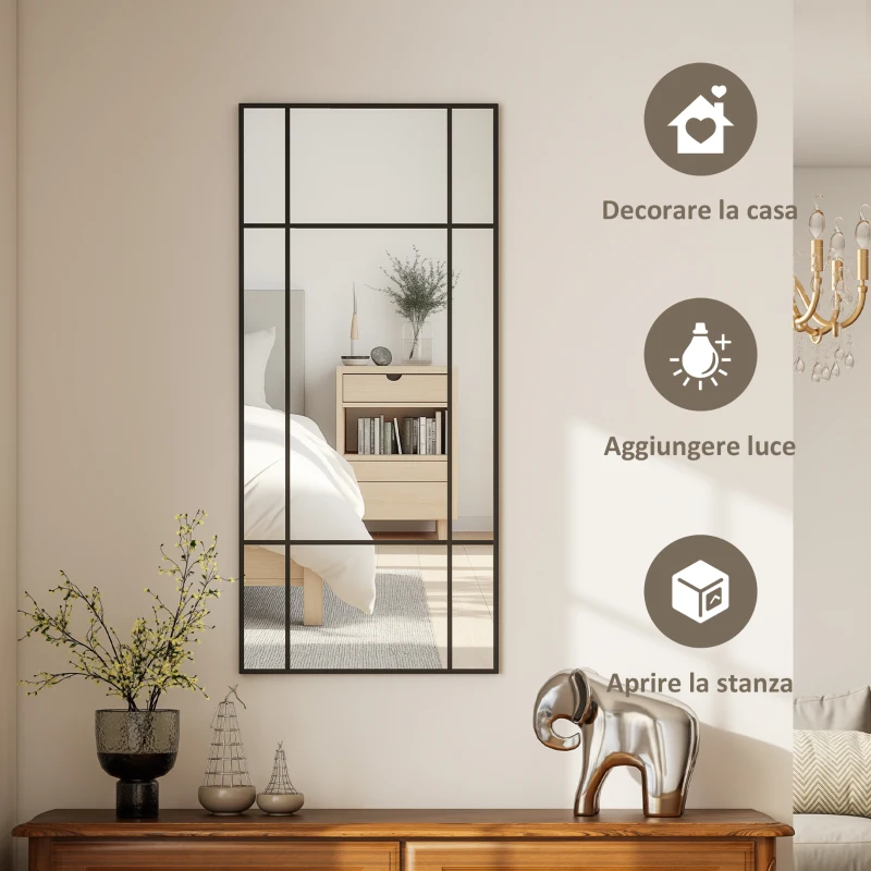 HOMCOM Specchio da Parete Stile Finestra con Montaggio Verticale e Orizzontale, 110x50cm, Nero