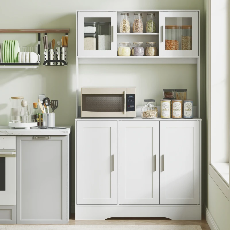 HOMCOM Armoire de cuisine scandinave avec placards, compartiments ouverts, portes vitrées et plan de travail, blanc