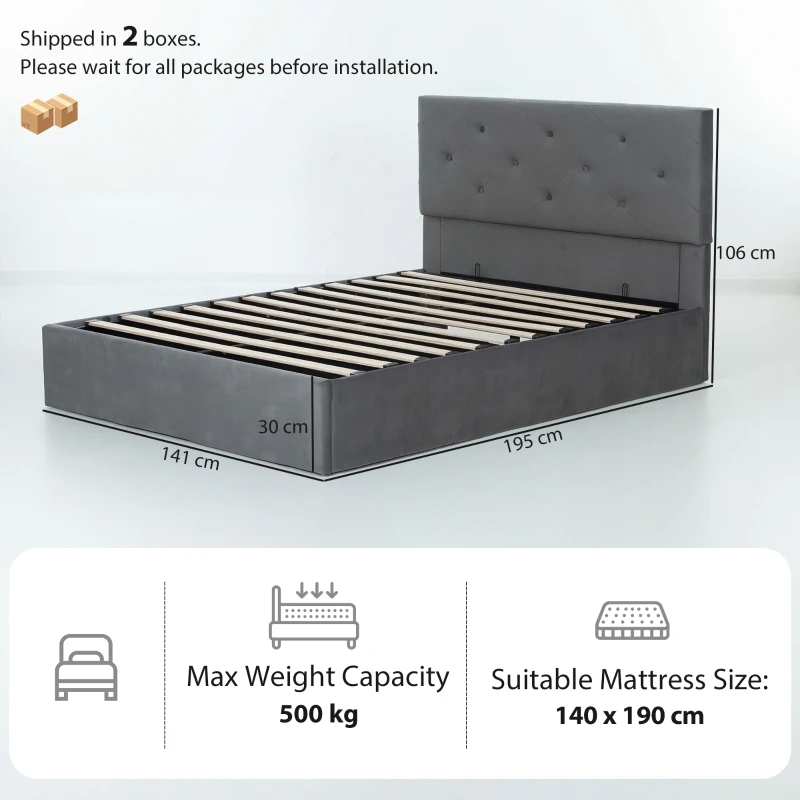 HOMCOM Double Bed Frame Gas End Lift Under Bed Storage Upholstered Platform Bed Tufted Headboard for 140 x 190 cm Mattress