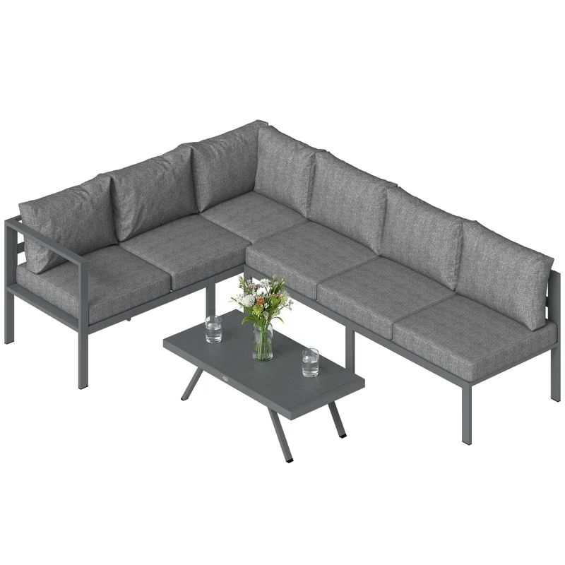 Outsunny 3 Pieces Garden Furniture Set, Aluminium Corner Lounge Set with Adjustable Backrest and Coffee Table