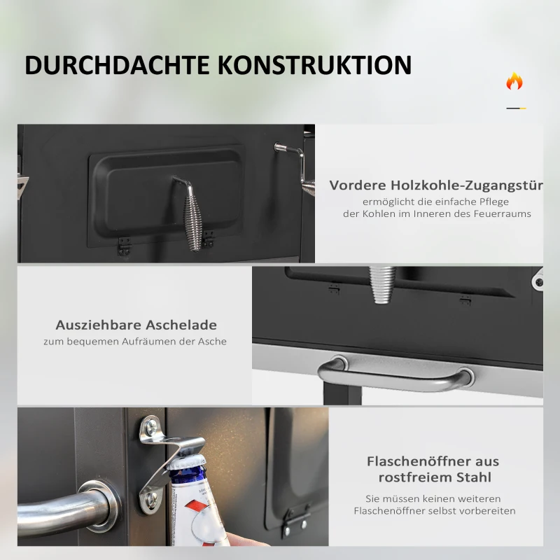 Outsunny Houtskoolbarbecue Smoker BBQ-Smoker, 1 Opbergruimte, 1 Handdoekhouder, 2 Grillroosters, 113 cm x 65 cm x 108 cm, Zwart