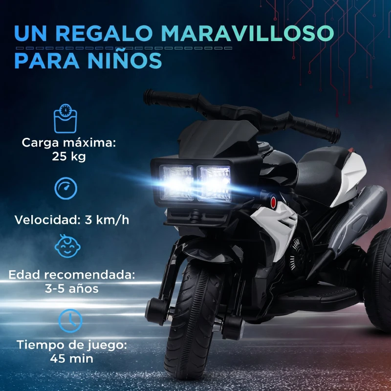 HOMCOM Moto Eléctrica Infantil con Luces Bocina Música Neumáticos Anchos Moto para Niños con Velocidad 3 km/h Negro