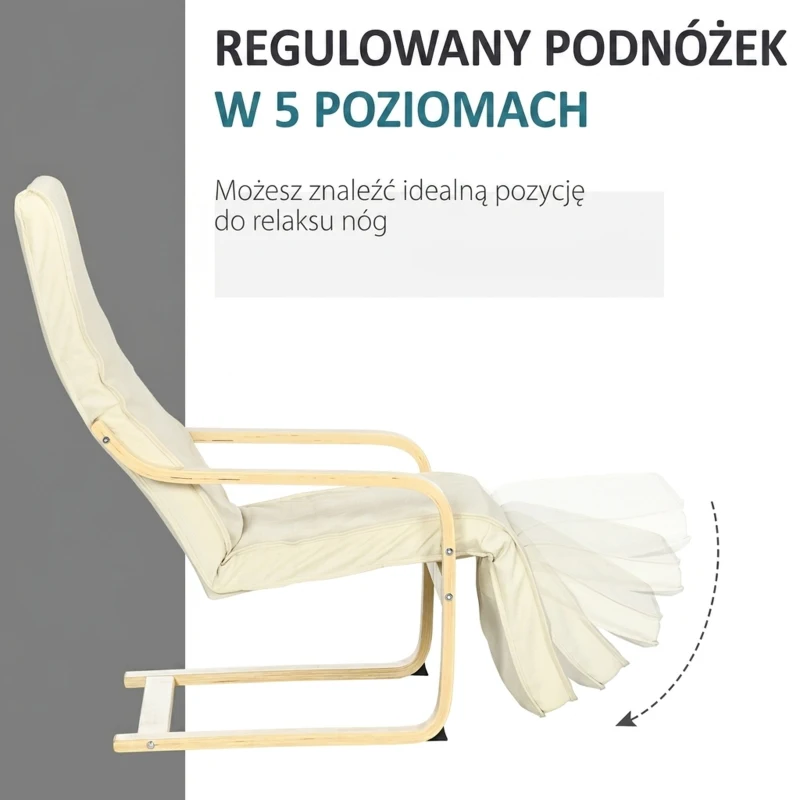 HOMCOM Leżak z Poduszką, Regulowany Podnóżek w 5 Pozycjach, Drewno Brzozowe, do 120 kg, 66,5 x 94 x 100 cm, Kremowy