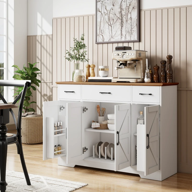 HOMCOM Bufet Bucătărie Rustic, Bufet cu Uși Soft-Close, 3 Sertare, 3 Rafturi Reglabile, Portaspecii, PAL, MDF, Alb