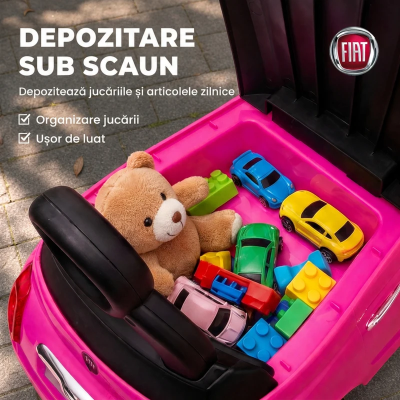 AIYAPLAY Mașinuță de Împins pentru Copii 12-36 Luni, Licență Fiat, cu Muzică, Claxon și Spațiu Depozitare, Roz