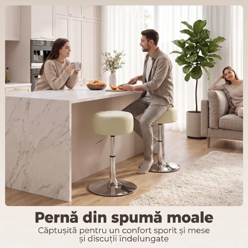 HOMCOM Scaun de Bar din Piele Ecologică PU, Reglabil pe Înălțime, Șezut Moale Gros, Rotire 360°, Pentru Insulă, Alb