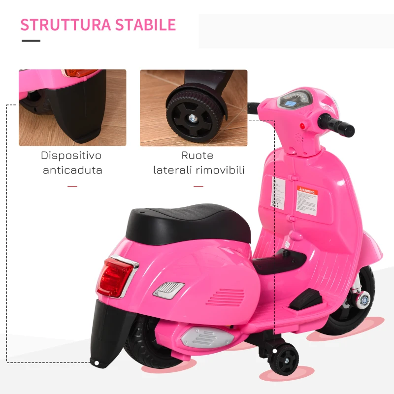 HOMCOM Moto Elettrica per Bambini 6V con Licenza Ufficiale Vespa Batteria, Motorino Elettrico per Bambini da 18-36 Mesi con Fari e Clacson, 66.5x38x52cm, Rosa
