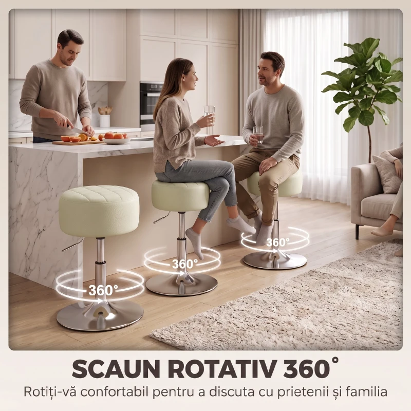 HOMCOM Scaun de Bar din Piele Ecologică PU, Reglabil pe Înălțime, Șezut Moale Gros, Rotire 360°, Pentru Insulă, Alb