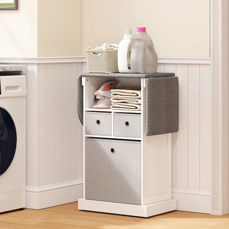 HOMCOM Ironing Board Cabinet on Wheels with Ironable and Foldable Top, Mobile Storage Cabinet with Ironing Board, White