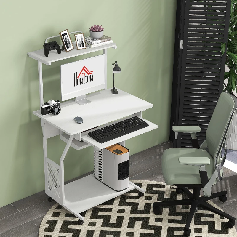 HOMCOM Bureau d'ordinateur roulant avec étagères de rangement, poste de travail et plateau pour clavier, 80x50x130cm, blanc