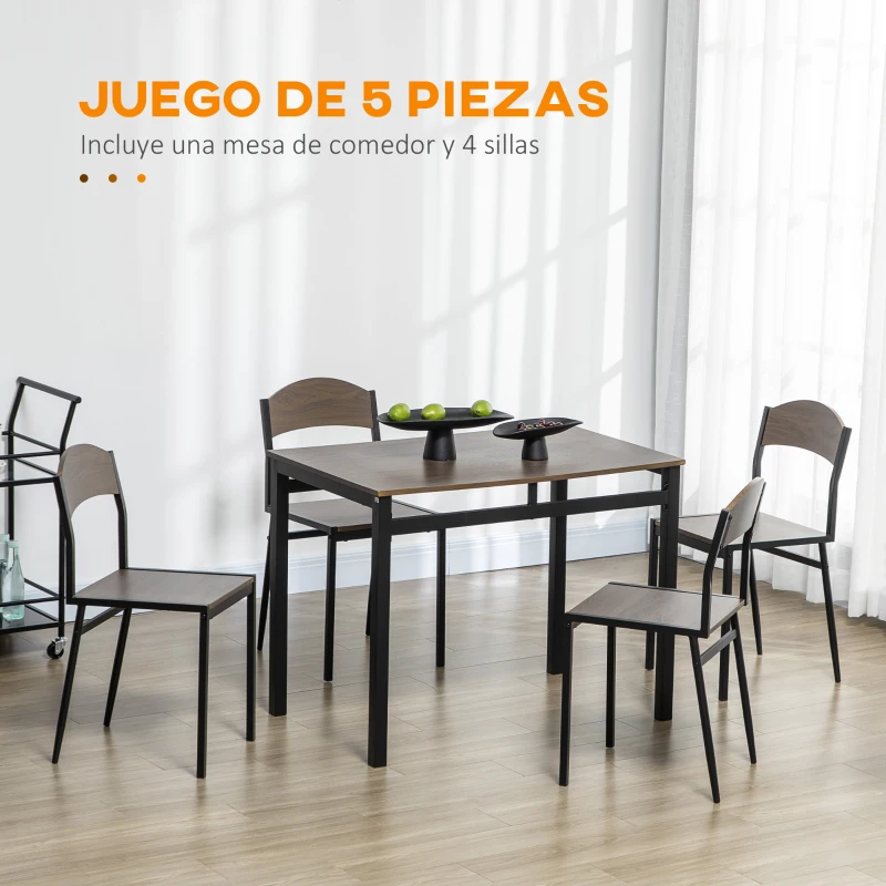 HOMCOM Conjunto de Mesa y 4 Sillas de Comedor para 4 Personas, Estilo Moderno con Estructura Metálica, Marrón Oscuro y Negro