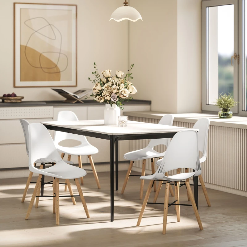 HOMCOM Set de 2 scaune de dining din plastic și lemn, stil nordic, cu spătar curbat, alb