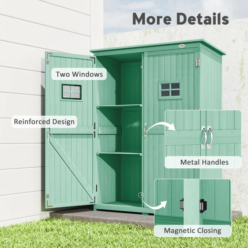 Outsunny Wooden Garden Shed with Two Windows, Tool Storage Cabinet, Outdoor Double Door organiser 127.5W x 50D x 164H cm, Green