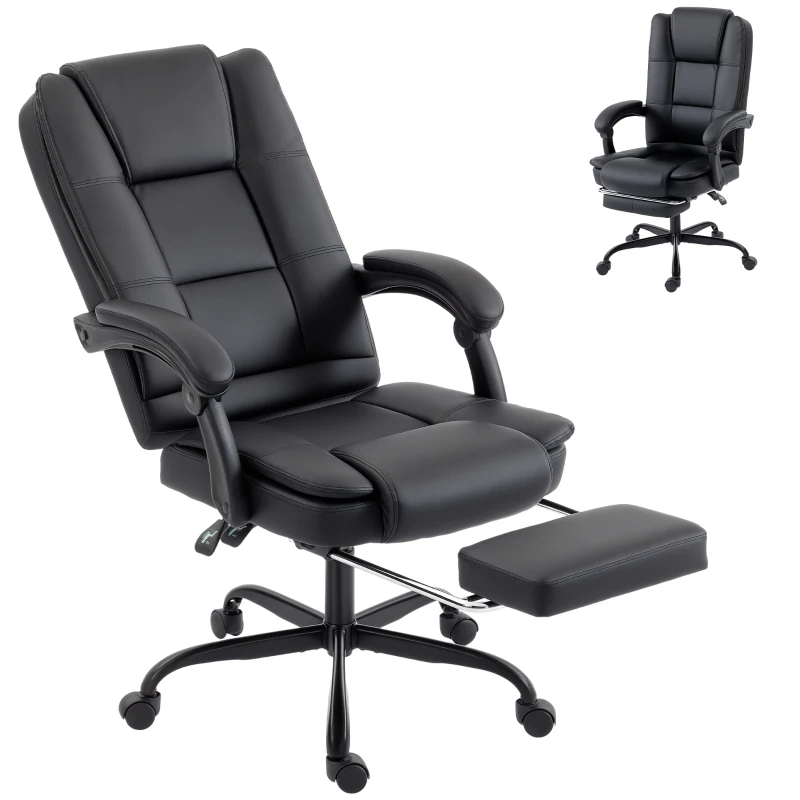 HOMCOM Chaise de bureau ergonomique, fauteuil de bureau inclinable en pu avec repose-pieds rétractable, hauteur réglable, noir