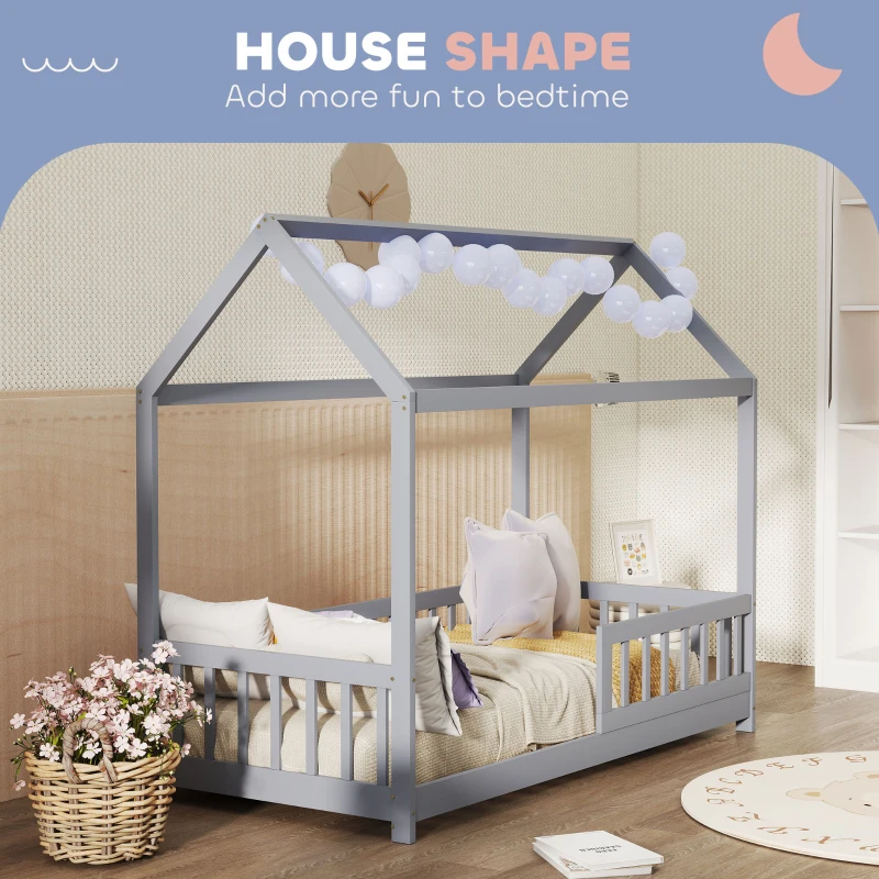 HOMCOM House-Shaped Kids Bed Frame with Guard Rails, Solid Pine Wood Single Bed Frame for Kids Boys and Girls, Grey