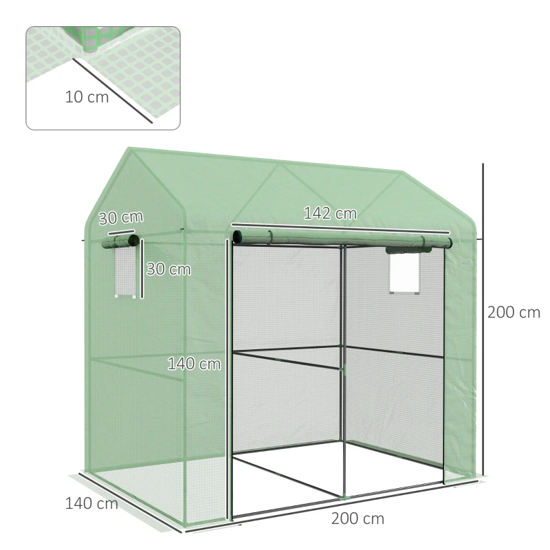 Outsunny Kas Kweekhuis Kweekbed, weerbestendig, oprolbare deur, 200 x 200 x 140 cm, Groen