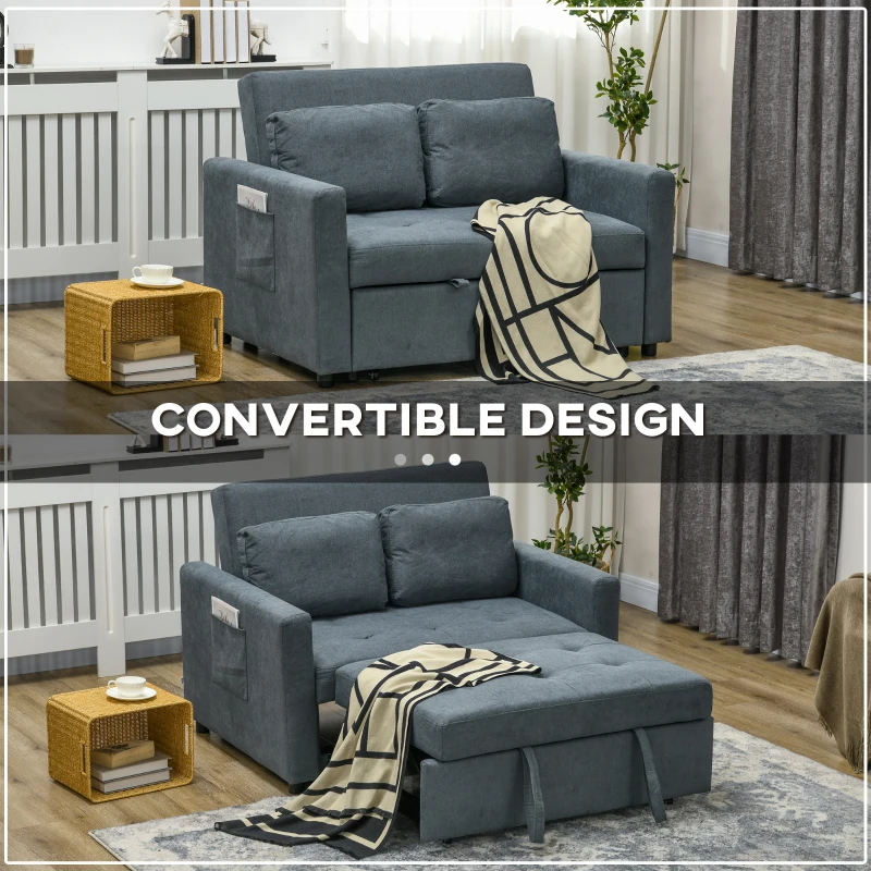 HOMCOM Loveseat Sofa Bed, Convertible Bed Settee with 2 Cushions, Side Pockets for Living Room, Dark Grey