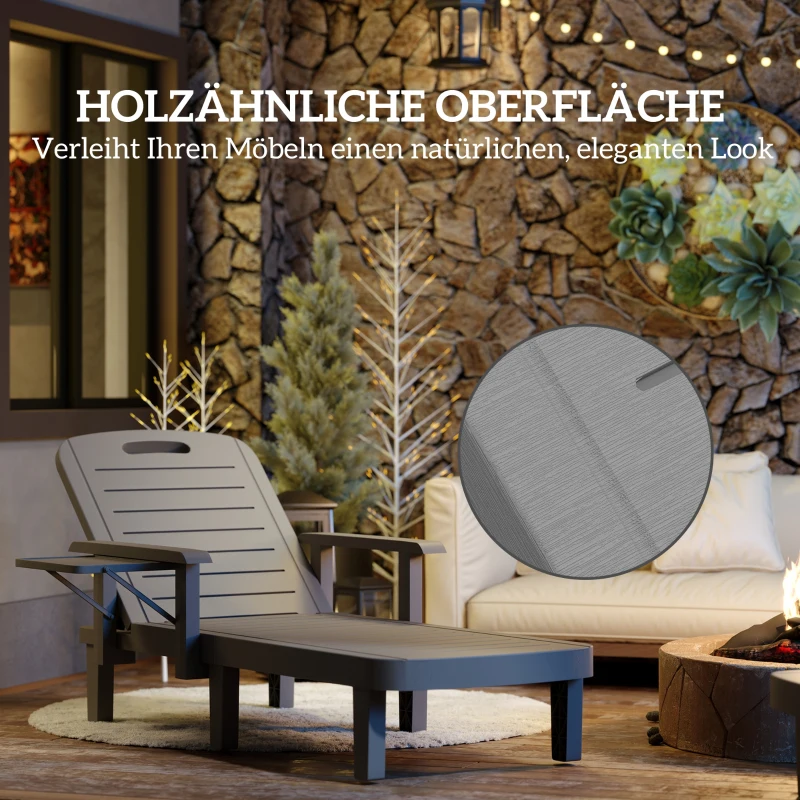 Outsunny Zonnebed tuinligstoel met zijtafel houtlook ligstoel met 5-standen verstelbare rugleuning Donkergrijs