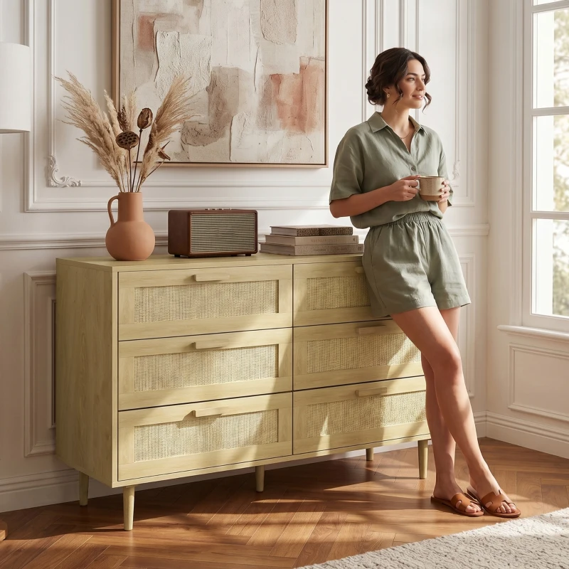 HOMCOM Cómoda para Dormitorio con 6 Cajones con Frontal de Ratán Patas de Madera Cajonera Estilo Bohemio 110x40x75 cm Roble