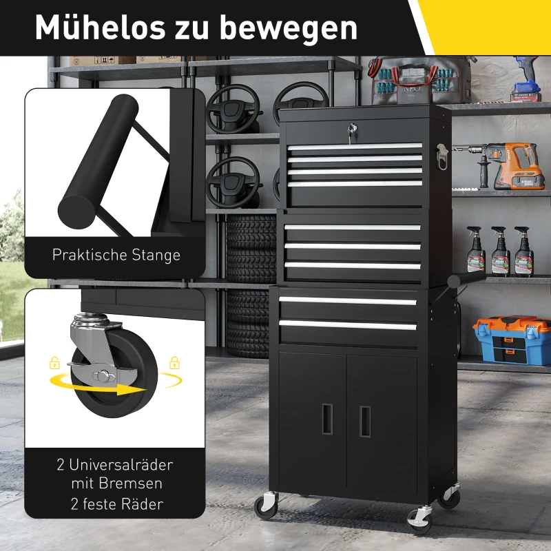 HOMCOM 3-in-1 gereedschapskist, gereedschapskast met 4 wielen, afsluitbare gereedschapskist met 9 lades, staal, zwart