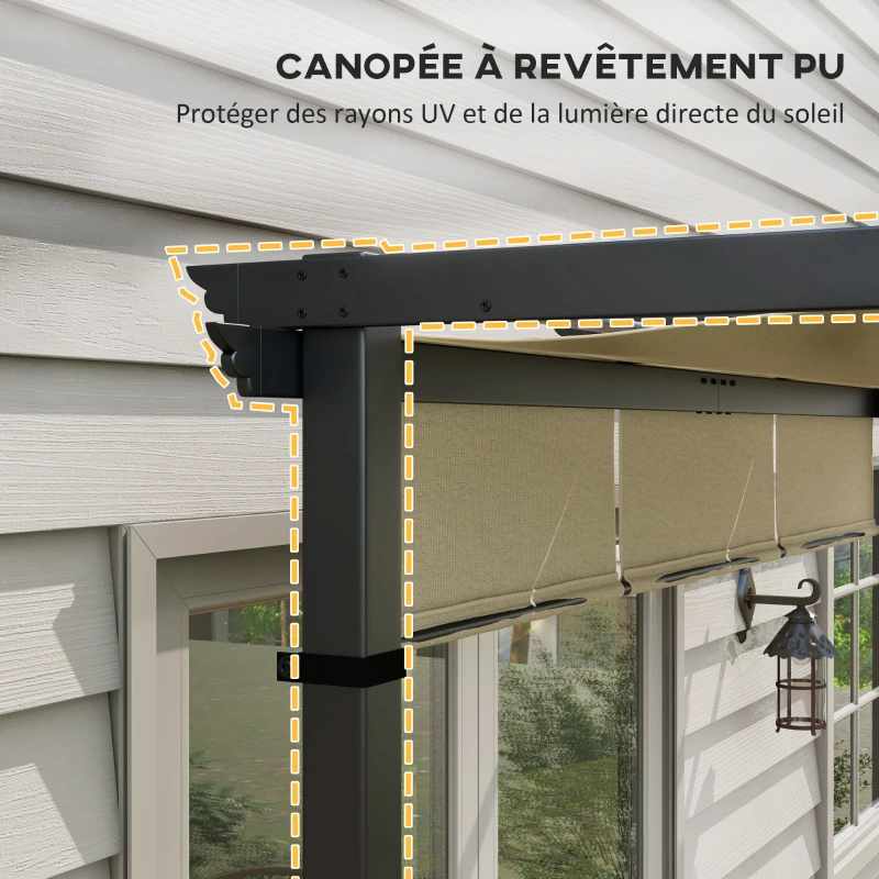 Outsunny Pergola avec 3 toiles coulissantes 3 x 3 x 2,38 m structure acier noir toile polyester haute densité beige