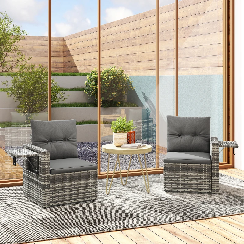 Outsunny 2 Seater Rattan Garden Sofa Outdoor Loveseat with Hidden Side Trays and Cushions for Patio Balcony, Dark Grey