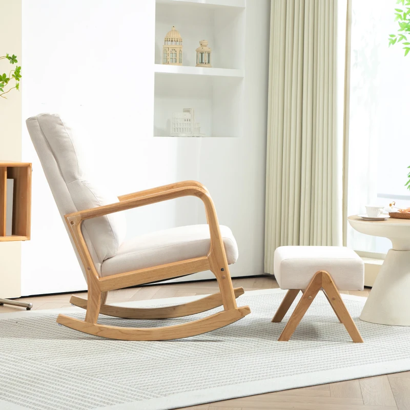 HOMCOM Schommelstoel met Kruk, Zachte Bekleding, Linnenlook, Houten Frame, Crèmewit(m-7)