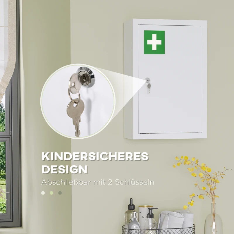 kleankin Medicijnkast, 3 Vakken, Afsluitbare Deur, Stevig Stalen Behuizing, Wit, 30 x 14 x 46 cm