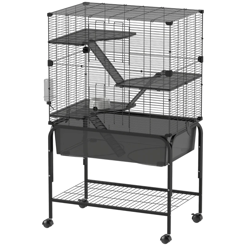 PawHut Jaula para Animales Pequeños de 4 Niveles con Ruedas Bandeja Profunda Rampas Plataformas y Comedero 73x47x123 cm Negro
