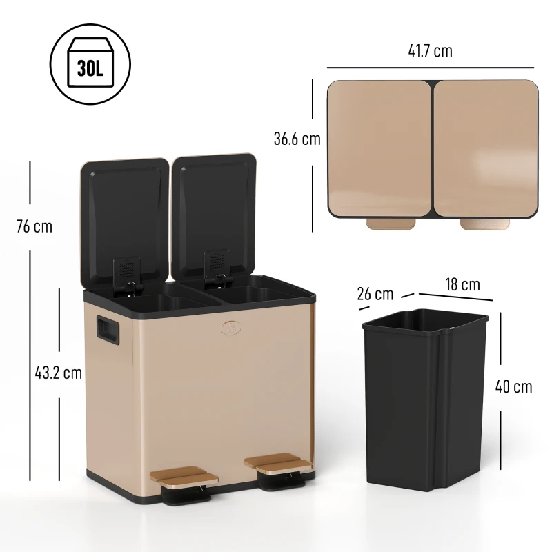 HOMCOM 30L Dual Compartment Stainless Steel Bin, with Deodoriser Holders - Gold Tone