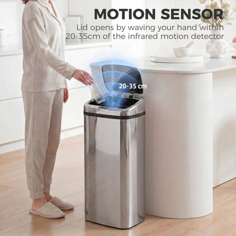 HOMCOM® automatische vuilnisbak prullenbak automatische keukenemmer bewegingssensor roestvrij staal met sensor zilver 50 l 33 x 25 x 84 cm | Aosom.nl