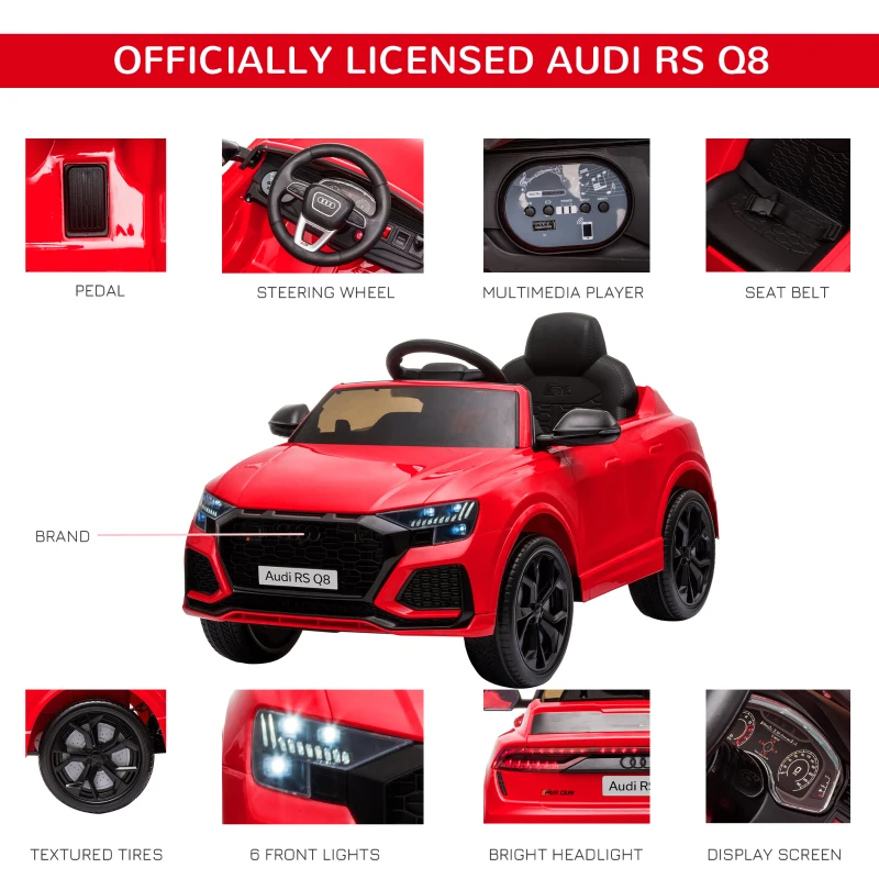 HOMCOM Audi RS Q8 Licensed Kids Electric Car, 6V 7Ah Kids' Electric Ride on with Remote Control, 7Ah Big Battery, Lights, Music USB, for 3-5 Years Old, Red