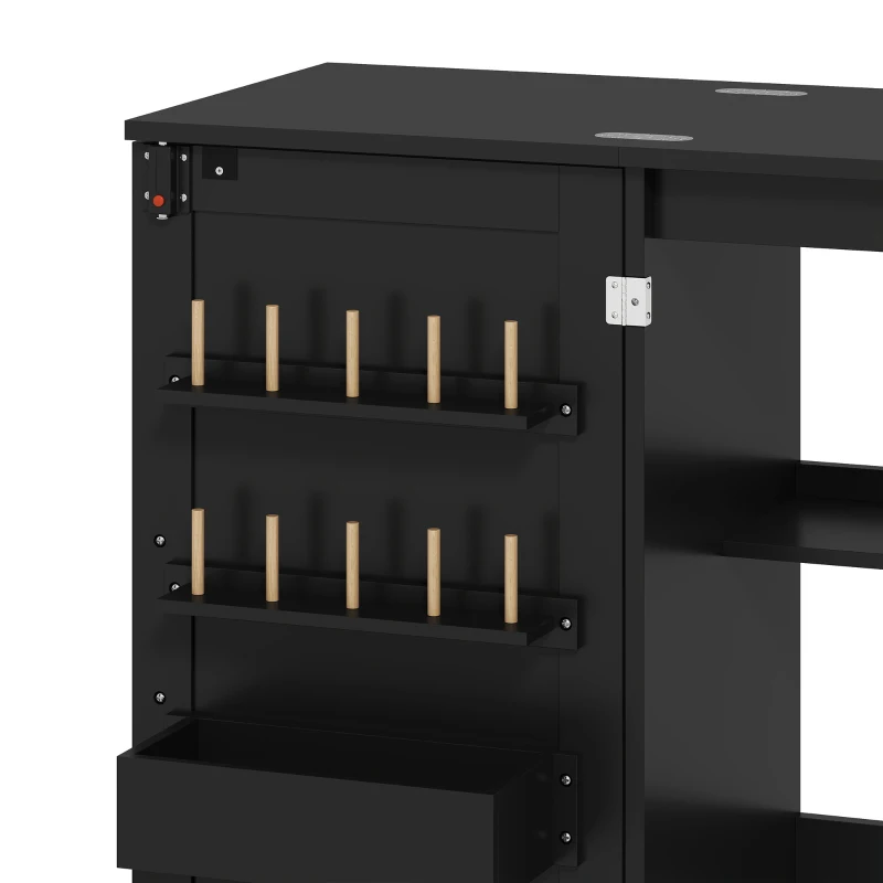 HOMCOM Mesa de costura dobrável, móvel de costura com rodízios, 2 portas magnéticas, 4 compartimentos, 20 ganchos, 160x40x83cm, preto
