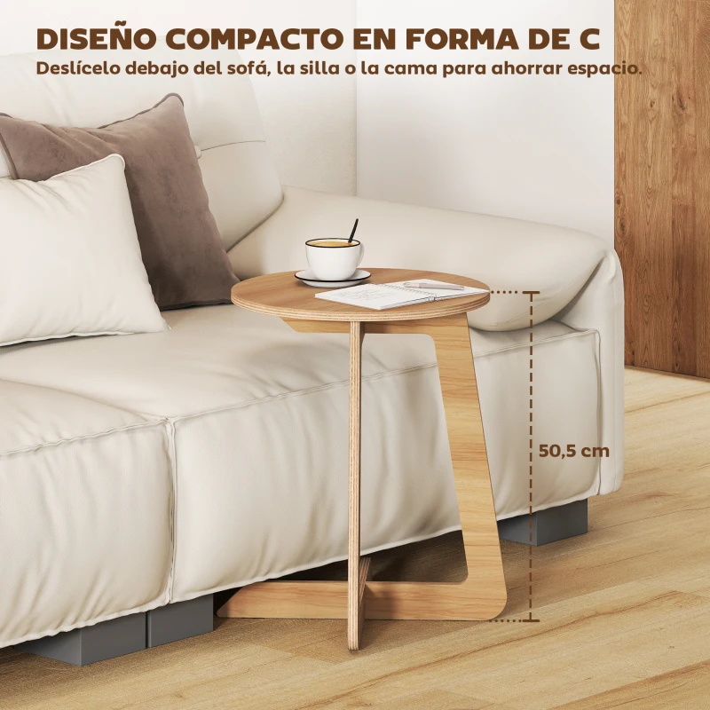 HOMCOM Mesa Auxiliar en Forma de C Mesita Auxiliar Redonda Montaje Rápido para Espacios Pequeños Salón Dormitorio Natural