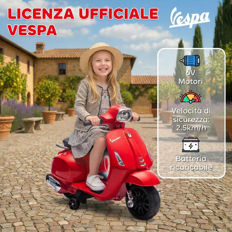 AIYAPLAY Moto Elettrica per Bambini Licenza Vespa, Batteria Ricaricabile 6V, Rotelle e Luci, Età 2-4 Anni, Rosso