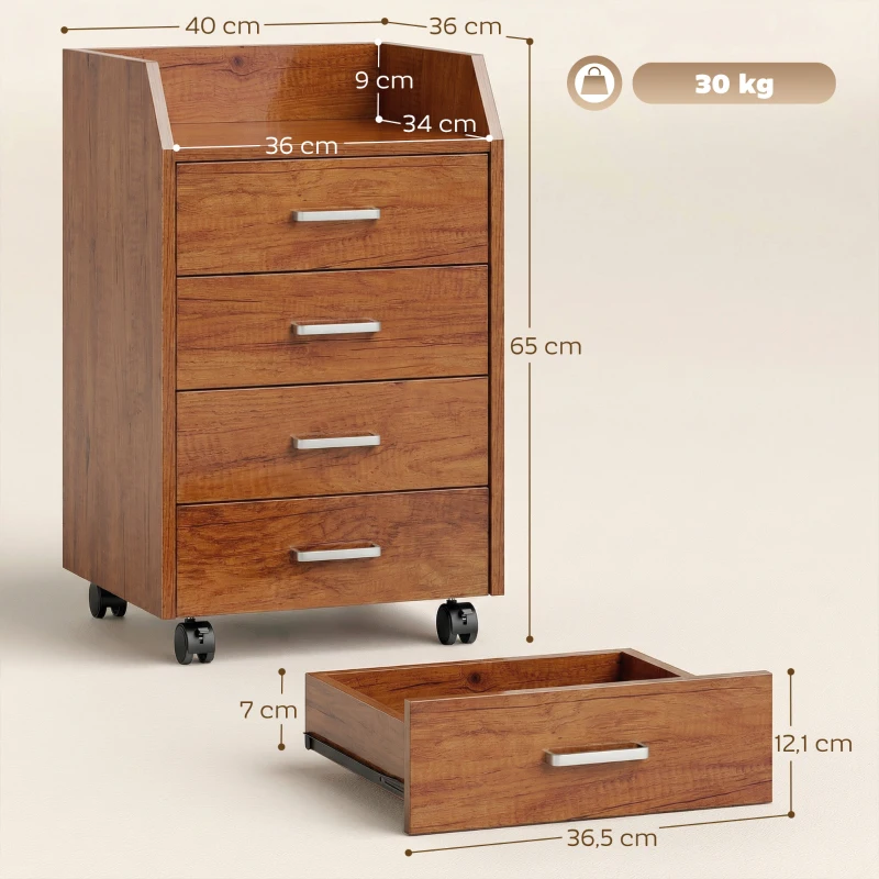 Vinsetto Cajonera de Escritorio con Ruedas Cajonera de Oficina con 4 Cajones Archivador Móvil para Estudio 40x36x65 cm Marrón
