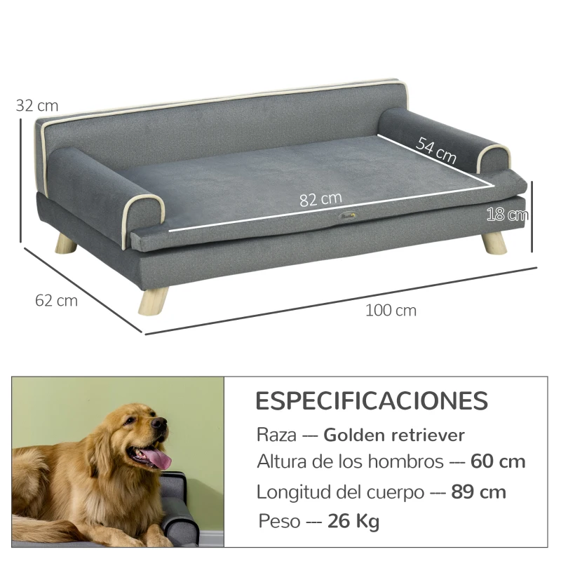 PawHut Sofá para Perros Grandes y Medianos Tapizada en Chenilla con Cojín Lavable y Patas de Madera de Pino Gris Oscuro