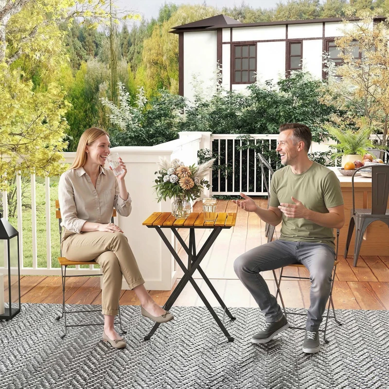 Outsunny Sitzgruppe 3 tlg. Essgruppe für 2 Personen klappbarer Esstisch mit 2 klappbare Stühle für Terrasse Balkon Teak